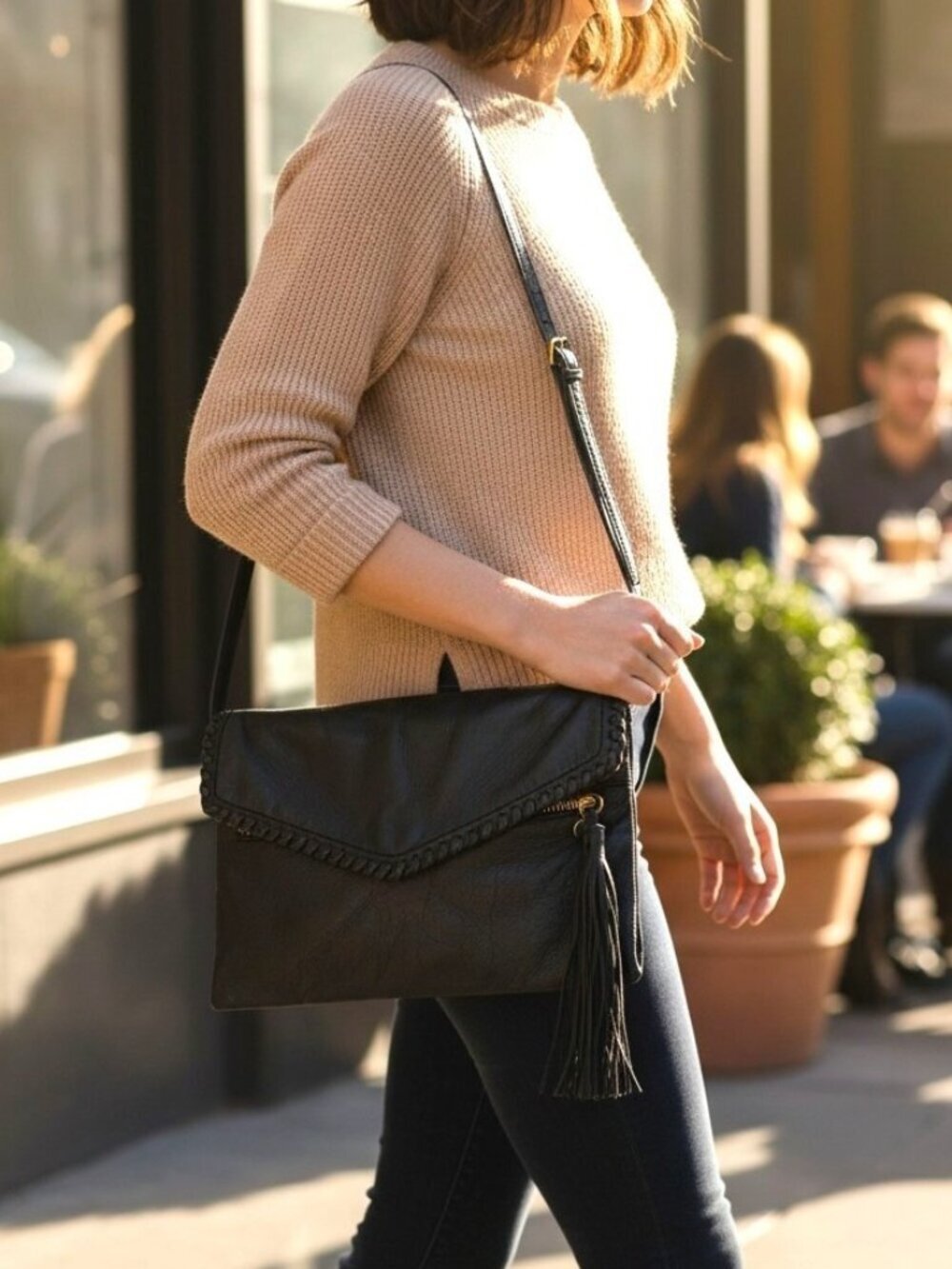 Hobo International Convertible Clutch Crossbody Black Leather Tassel Whipstitch